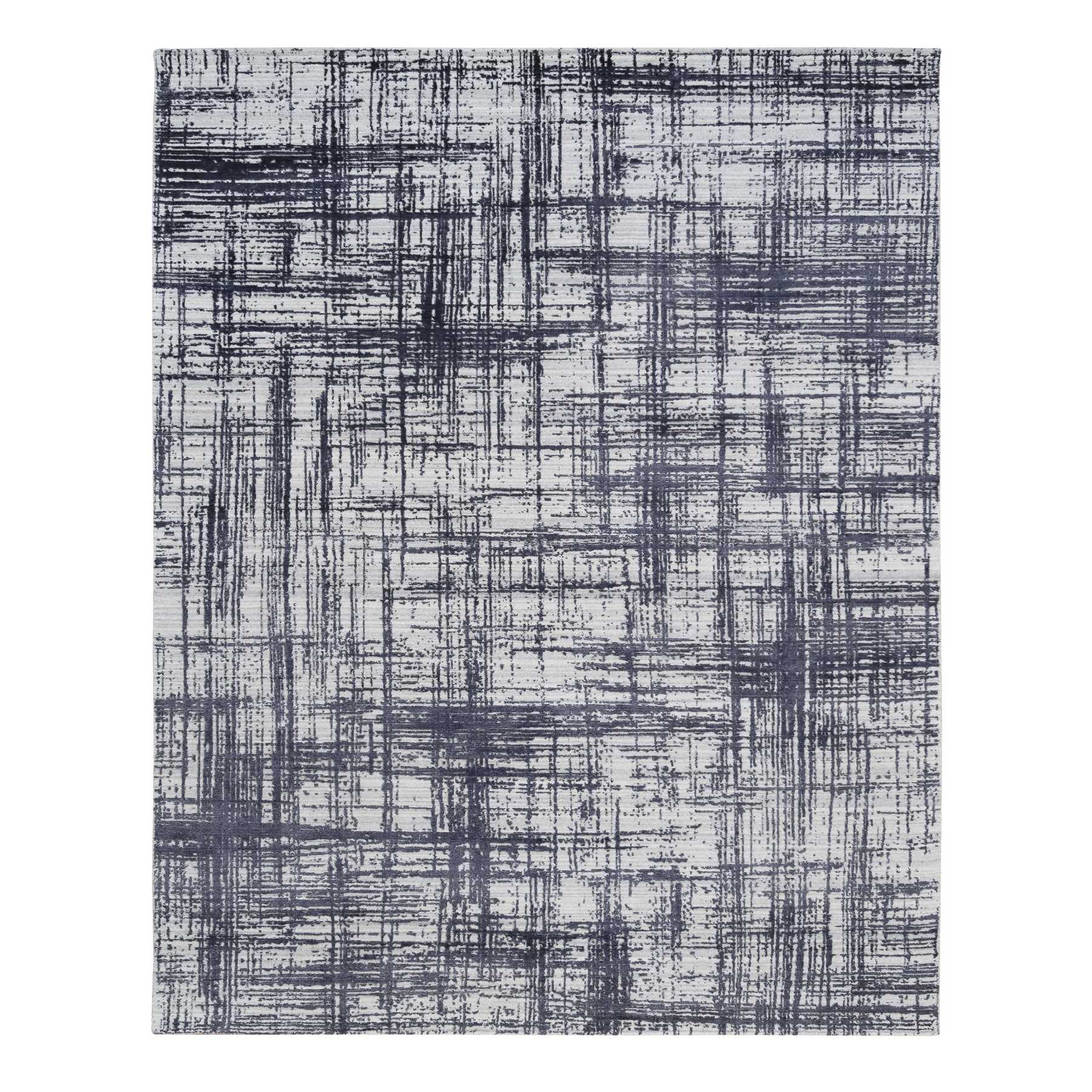 7'10"x10' Charcoal Black, Hand Loomed, Modern Erased Lines Design, Wool and Plant Based Silk, Oriental Rug 
